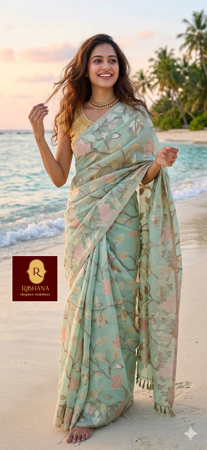 Light green organza jacquard saree