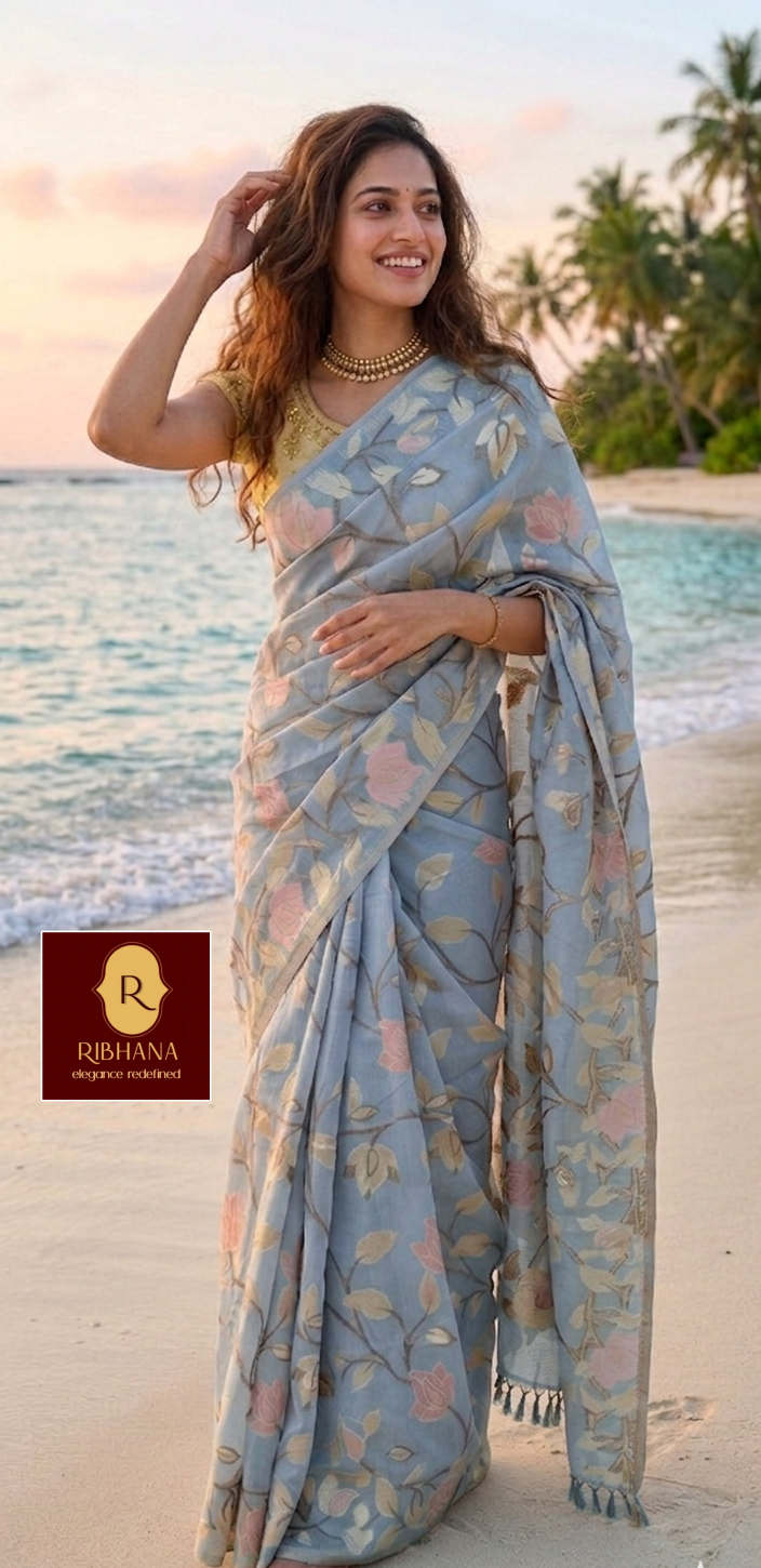 Light blue organza jacquard saree