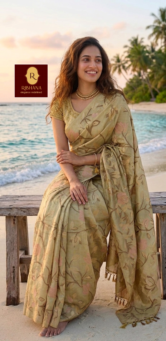 Golden organza jacquard saree