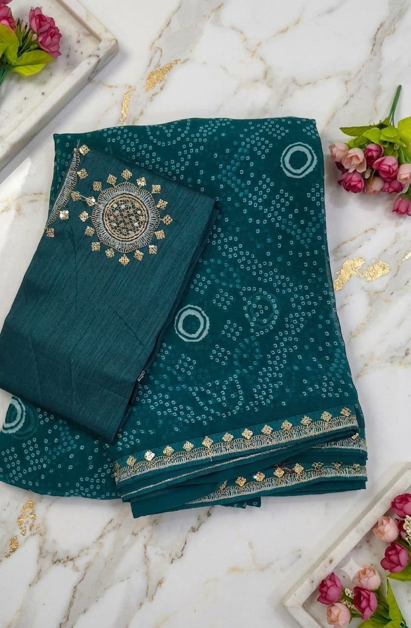 Dark teal bandhani saree