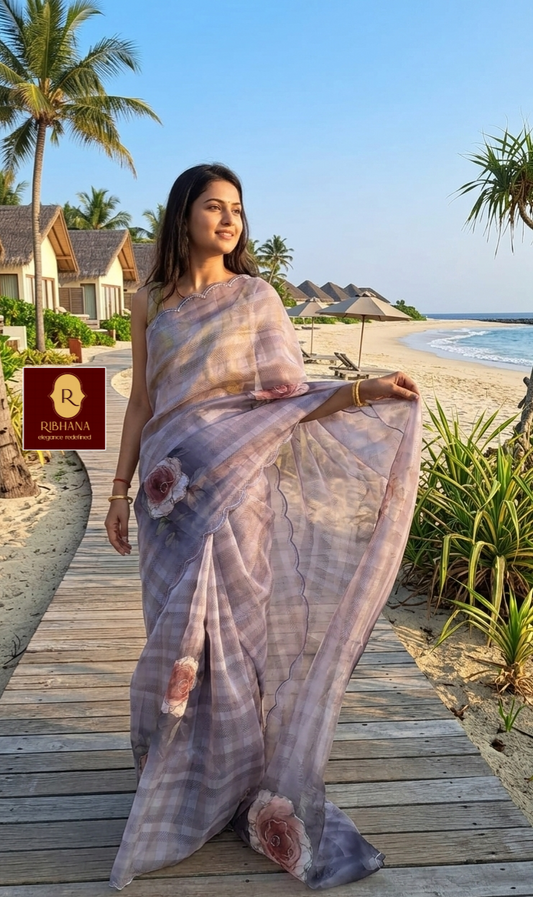 purple organza printed saree