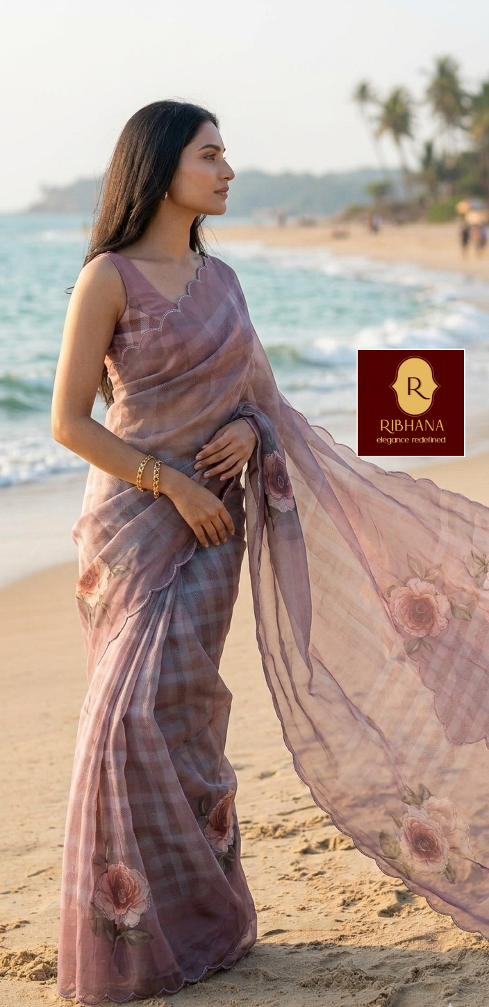Pink organza printed saree