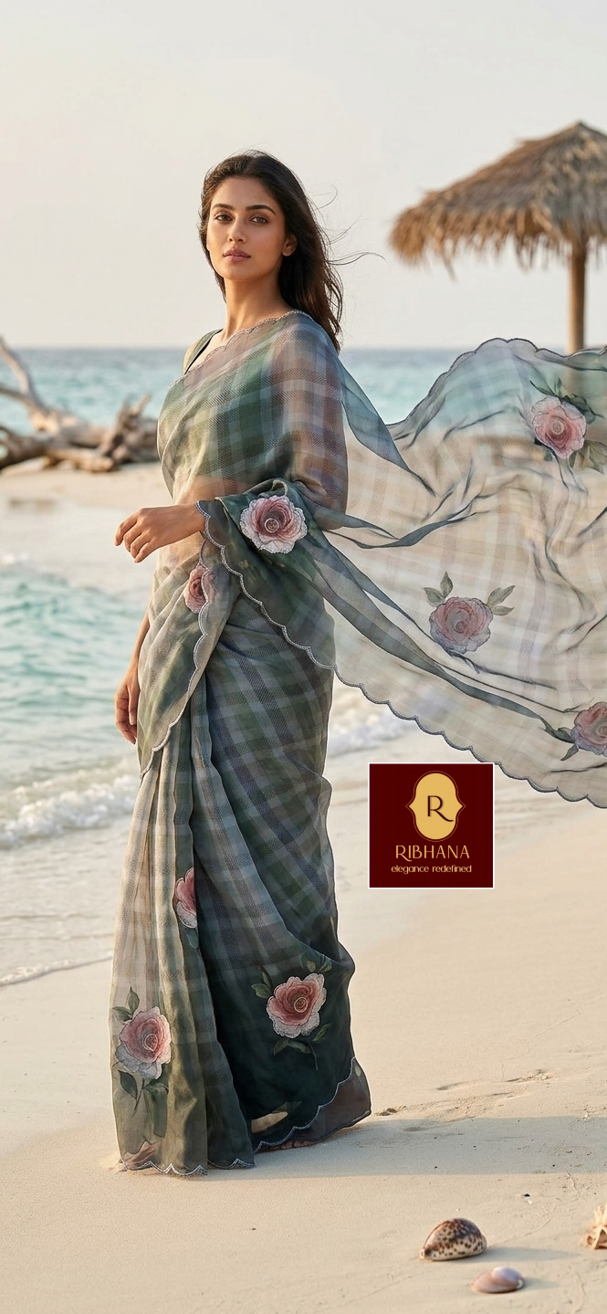 Green  organza printed saree