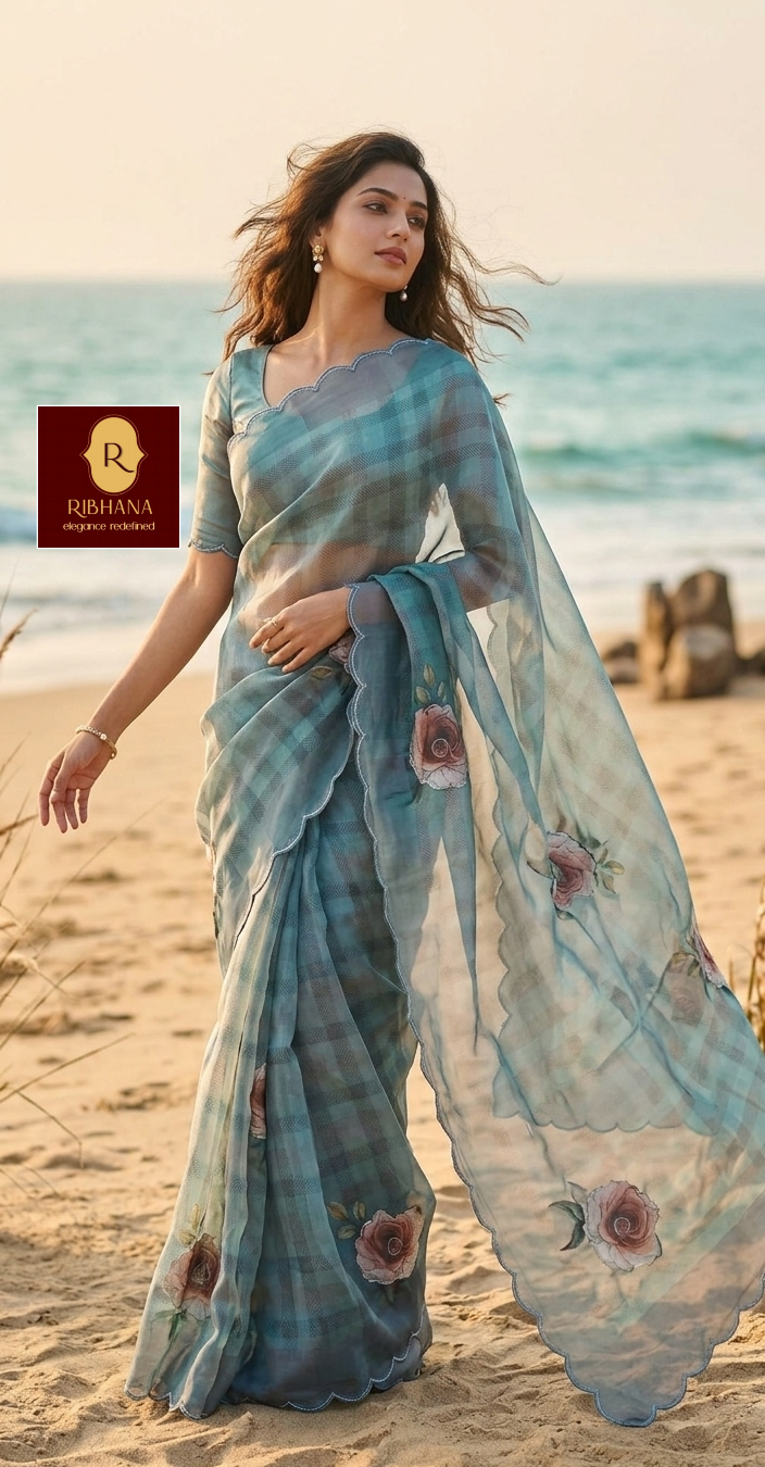 blue organza printed saree