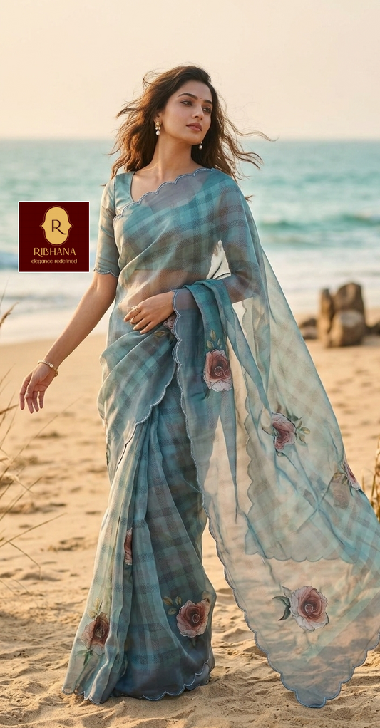 blue organza printed saree