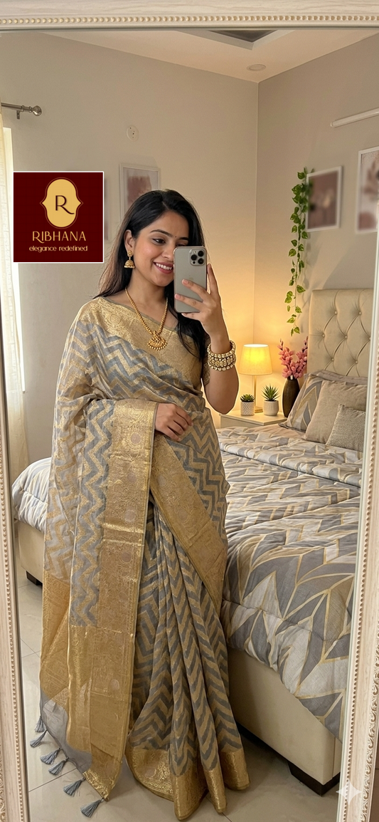 Grey tissue Banarasi Saree