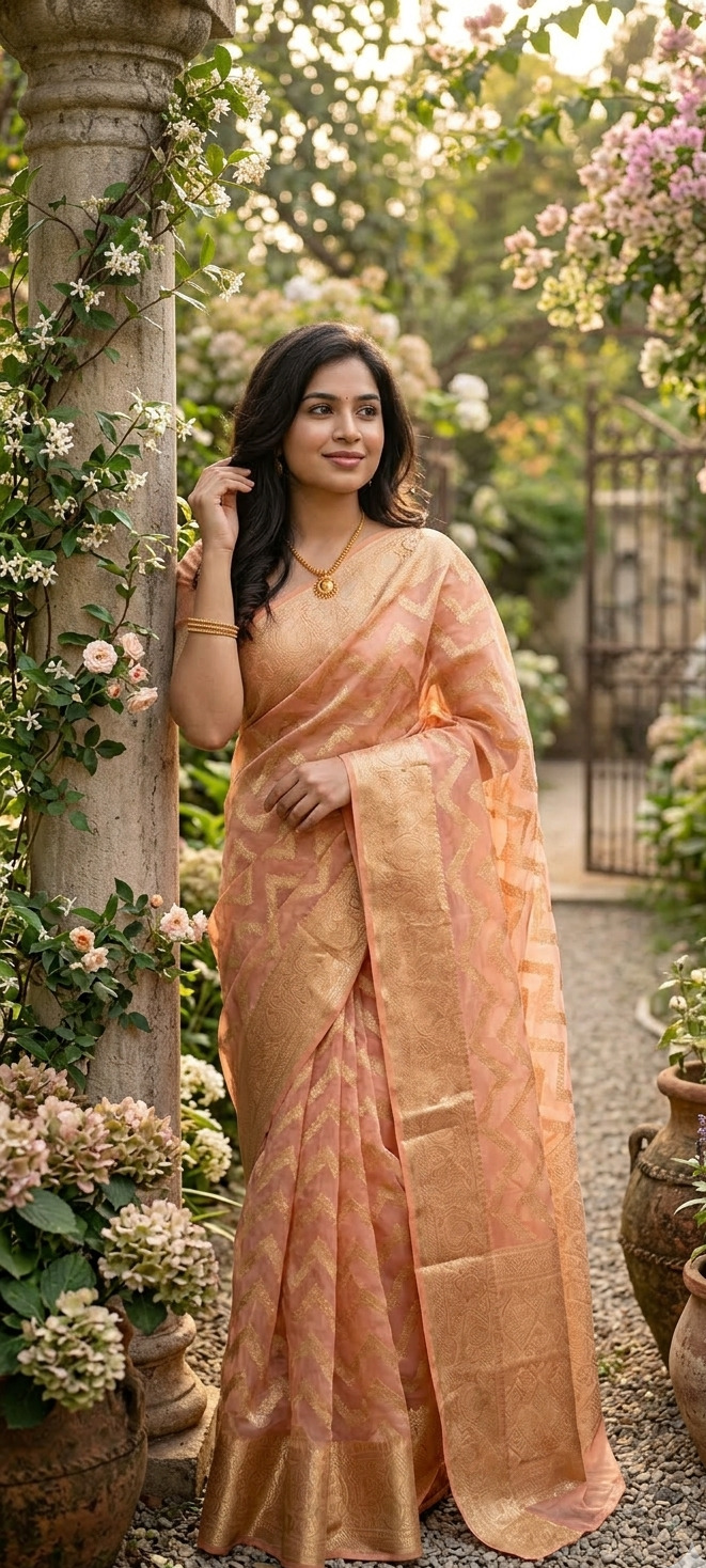 Peach tissue banarasi saree