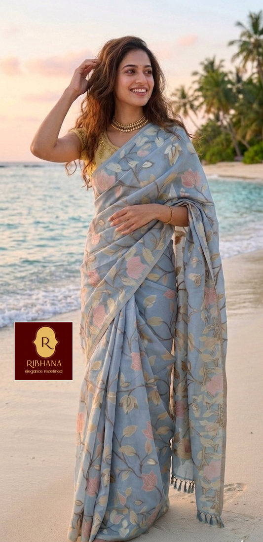 Light blue organza jacquard saree