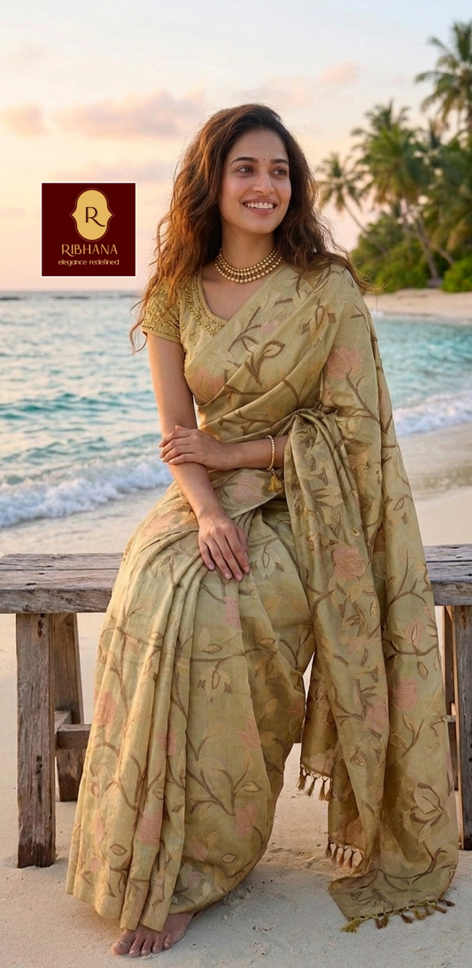 Golden organza jacquard saree