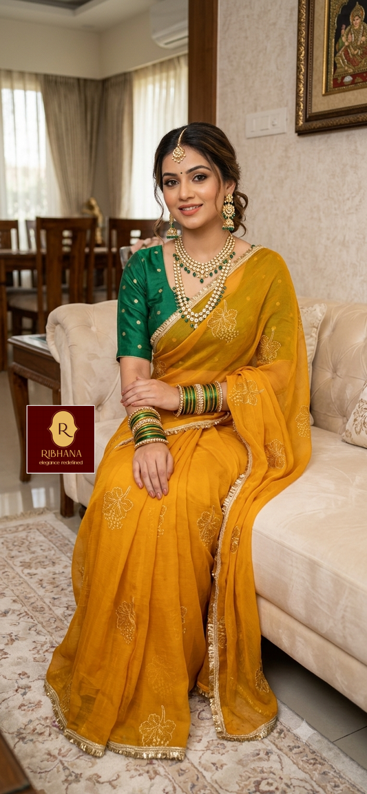 yellow fandy silk saree