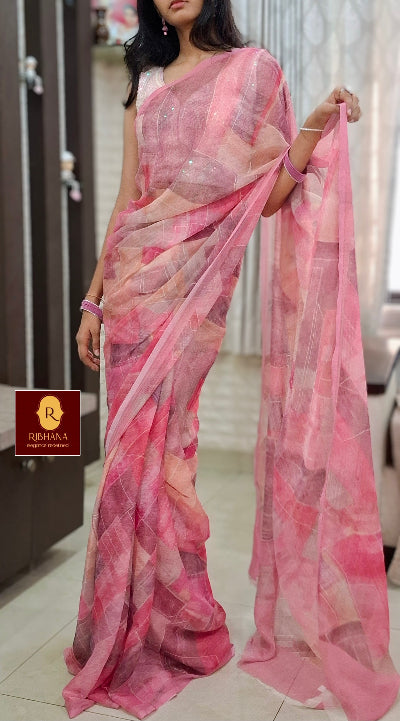 Pink Shimmer chiffon saree