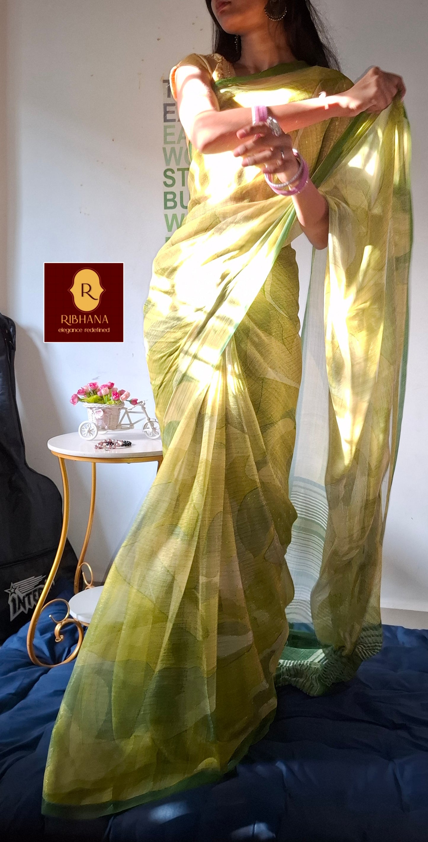 Green Shimmer chiffon saree