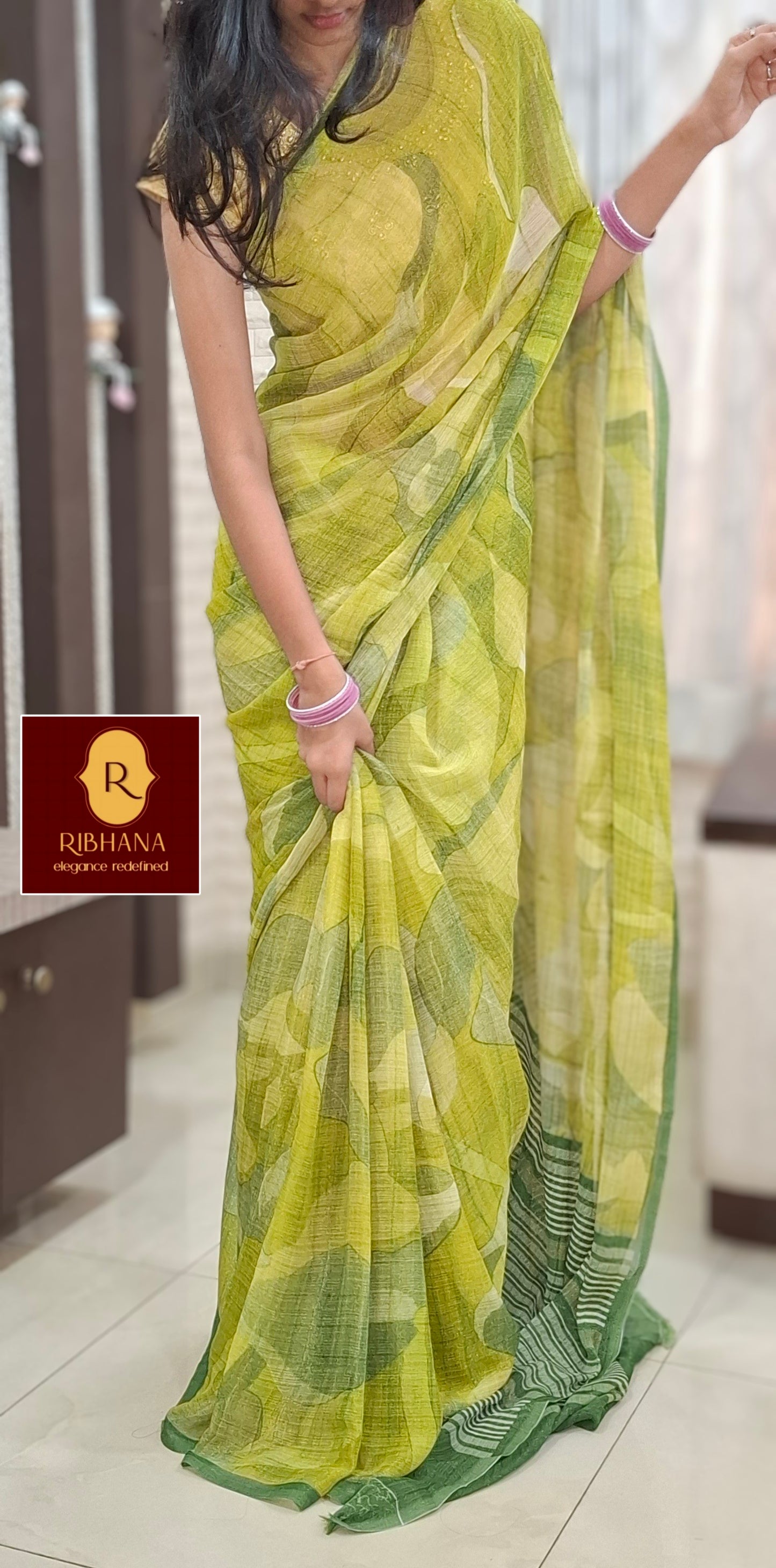 Green Shimmer chiffon saree