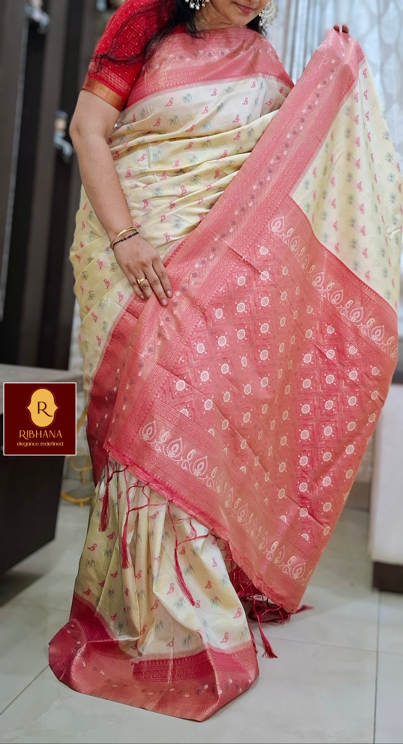 Cream  pochampally silk saree