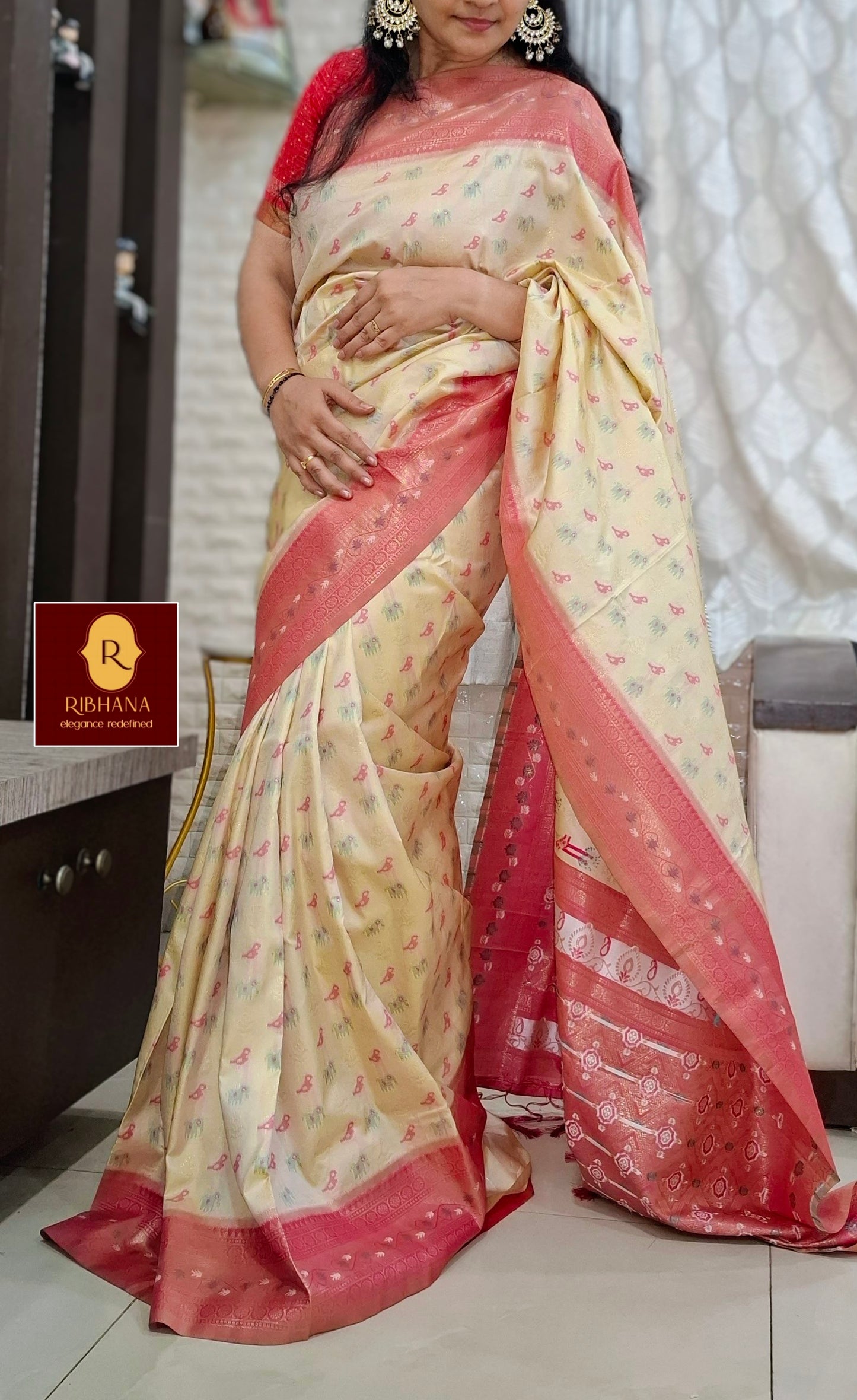Cream  pochampally silk saree