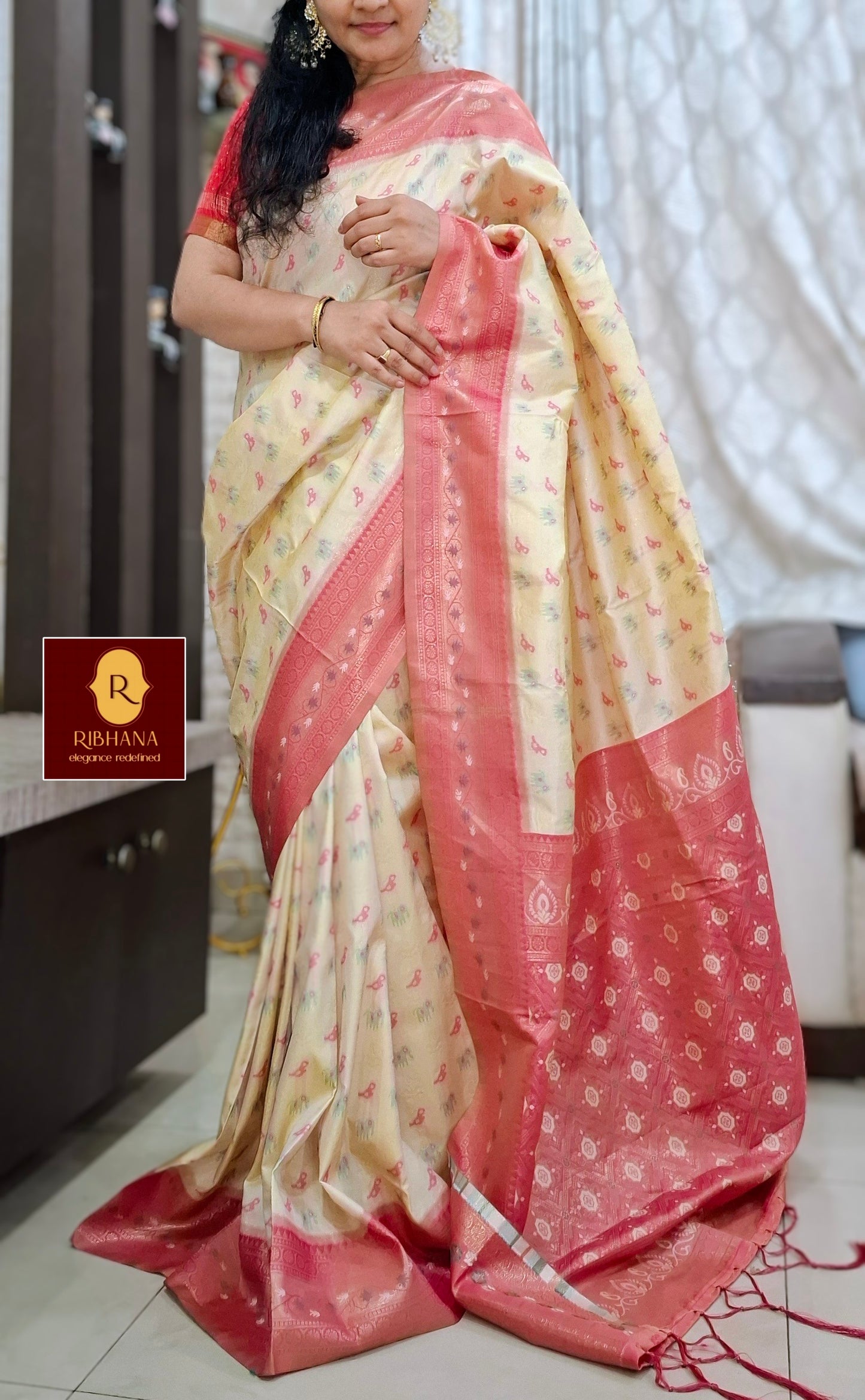 Cream  pochampally silk saree