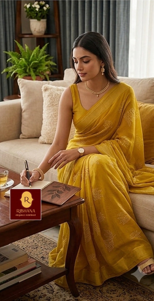 Yellow moss gorgette saree