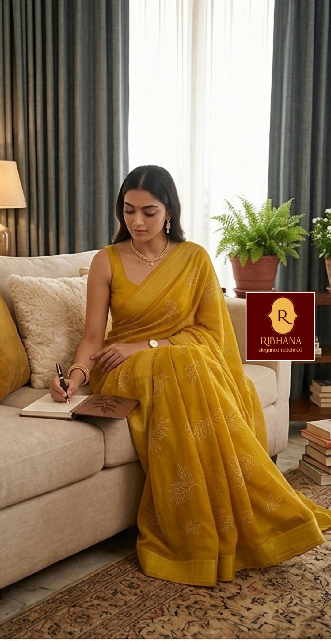 Yellow moss gorgette saree