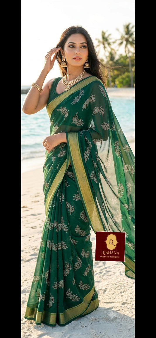 Dark green moss gorgette saree