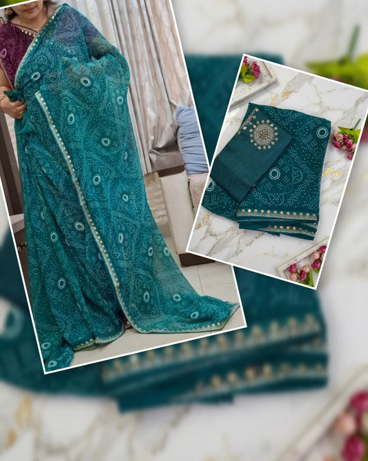 Dark teal bandhani saree