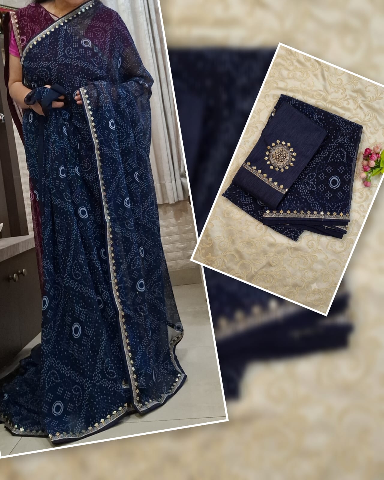 Navy blue bandhani saree