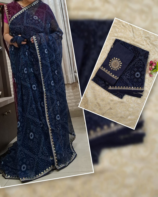 Navy blue bandhani saree
