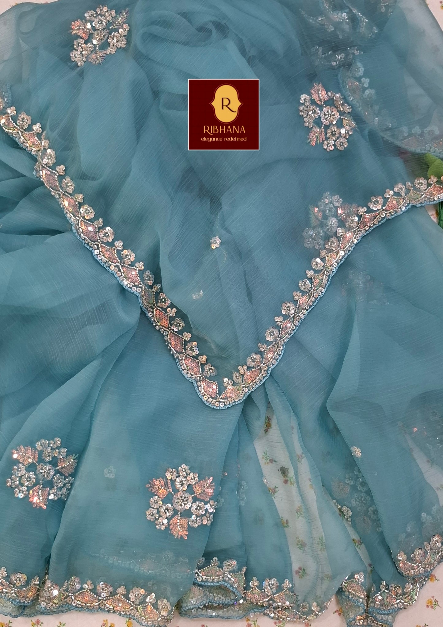 Blue chiffon saree with work