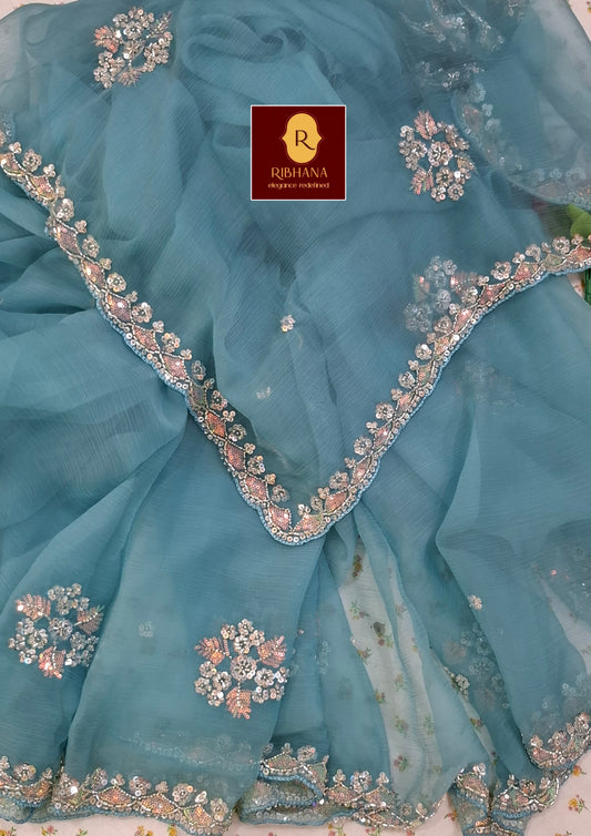Blue chiffon saree with work