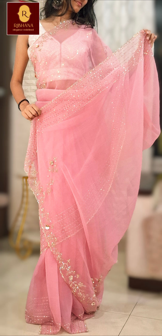 A woman modeling a light pink saree with intricate gold embroidery and a matching embroidered blouse. The brand logo 'RIBHANA' is visible in the top-left corner.